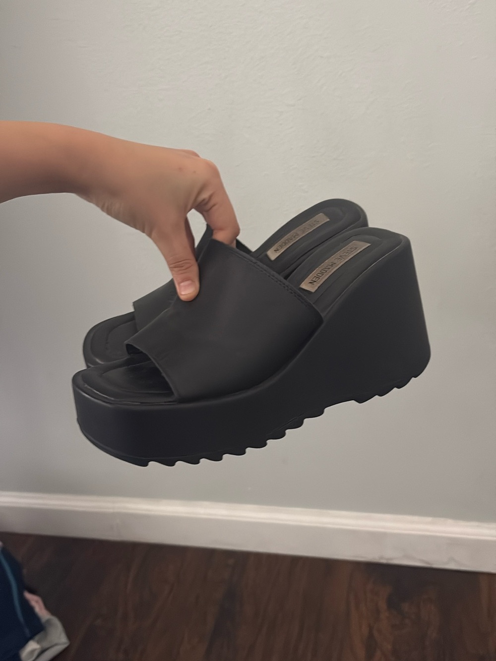 Steve Madden Black Platform Wedge Slide Sandals